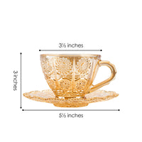 1 x RAW Customer Returns Linkidea Glass Tea Cups Set of 4 with Saucers, 6oz Vintage Coffee Cup Glassware Set with Floral Embossed and Saucers for Adults Tea Party Family Friends Amber  - RRP €45.25