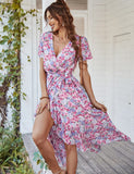 1 x Brand New WISFRUIT Women s Casual V-Neck Summer Dresses Long Dress Floral Boho Wrap Dress Short Sleeve Ruffles Elegant Floral Pattern Beach Dresses with Waistband A-Black, S  - RRP €15.12