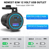 1 x RAW Customer Returns 65W PD USB C 12V socket Type C car USB socket socket installation waterproof 12 Volt DC adapter plug with switch LED USB connection for MacBook Samsung iPhone vehicle motorhome motorcycle boat truck caravan - RRP €24.58