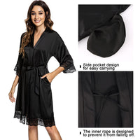 1 x RAW Customer Returns Tuopuda Women s Bathrobe, Satin Kimono Dressing Gown Summer, Lace Nightgown with Pockets, Short Robe with Belt, Floral Lace Nightwear Sleepwear for Party, Wedding, Bride, Bridesmaids, Black, S - RRP €22.99