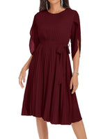 1 x RAW Customer Returns Women s Pleated Midi Dress Elegant Cocktail Dress Casual A-Line Dress Pleated Skirt with Belt M Wine Red CLK034A23-02 - RRP €49.99