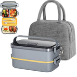 1 x RAW Customer Returns Haoh Lunch Box Kit - 1600 ml 2 Layers Lunch Box with Cutlery Lunch Box Bag, Bento Box Microwave for Picnic School Office Adults Children Gray  - RRP €36.99