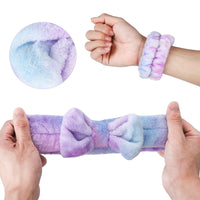 1 x Brand New Face Wash Set 1PCS Tie-Dye Bow Face Wash Headband 2PCS Wristbands, Flannel Women Washing and Makeup Absorbent and Non-slip Hair Bands for Women Girls Purple  - RRP €18.0