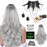 1 x RAW Customer Returns Halloween women s wig, women s wig costume set, gray long wavy curly hair with Gothic necklace, lace bracelets, earrings, stickers with hair net for cosplay, carnival and theme parties - RRP €13.87