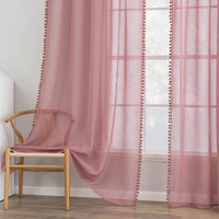 1 x RAW Customer Returns MIULEE Curtains with Pompoms - Pretty Old Pink Transparent Curtains for Children s Room Girls, 2 Pieces Curtain with Pompoms with Rod Pocket Transparent Curtain with Pompoms, Each H 245 XW 140cm - RRP €32.94