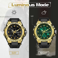 1 x RAW Customer Returns Men s Tactical Military Watch Big Dial Stopwatch Alarm Dual Time Display Backlight Waterproof Outdoor Wristwatch Analog Digital Gold Strap - RRP €52.8