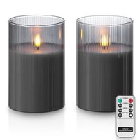 3 x Brand New Rhytsing Set of 2 Giant Gray LED Candles in Classic Ribbed Glass with Remote Controls, Pillar Candles for Weddings and Churches, H10cm - RRP €57.6