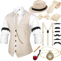 1 x RAW Customer Returns 1920s Men s Accessories with Vest Fedora Hat Pocket Watch Bow Tie Suspenders and Prop Beige, M  - RRP €36.29