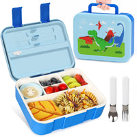 2 x RAW Customer Returns Lehoo Castle Children s Lunch Box with 5 Compartments 2 Cutlery, 1250ML Lunch Box School Leak-Proof Bento Box Girls, Microwave Safe, with Carry Handle Sauce Jar Spoon Fork Blue Dino  - RRP €31.98