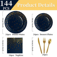 1 x RAW Customer Returns Nkaiso party tableware 144 pieces navy blue gold children s birthday girls party decoration accessories set paper tableware set including paper plates forks napkins for wedding decoration anniversary 24 guests - RRP €17.3