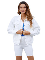 1 x RAW Customer Returns Atnlewhi Women s Denim Jacket Plain Long Sleeve Denim Jacket Casual Cropped Trucker Jean Coats with Pockets - White - S - RRP €45.37