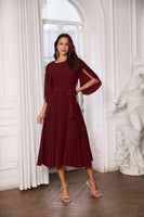 1 x RAW Customer Returns Women s Pleated Midi Dress Elegant Cocktail Dress Casual A-Line Dress Pleated Skirt with Belt M Wine Red CLK034A23-02 - RRP €49.99