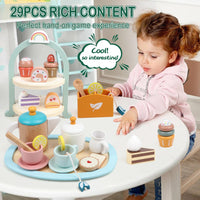 5 x Brand New Jacootoys Wooden Tea Party Set for Little Girls, 28 Piece Toddler Tea Set with Cupcake Stand and Food Play Accessories, Kids Kitchen Play Set, Wooden Toys for 3 Year Old Girl, - RRP €96.0