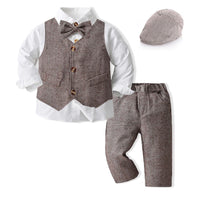 1 x RAW Customer Returns Volunboy Elegant Child Suit Shirts Bow Tie Caps Vest Trousers, Boy Clothing 5 Pieces Gentleman Wedding Ceremony 4-5 years, Brown, Size 120  - RRP €34.63