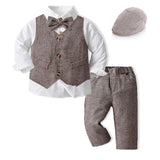 1 x RAW Customer Returns Volunboy Elegant Child Suit Shirts Bow Tie Caps Vest Trousers, Boy Clothing 5 Pieces Gentleman Wedding Ceremony 9-12 months, Brown, Size 70  - RRP €44.95