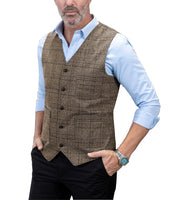 1 x RAW Customer Returns Solove-Suit Men s Elegant Suit Vest Checked Plaid Slim Fit Wool Tweed Vest for Wedding Brown, L  - RRP €32.84