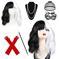 1 x RAW Customer Returns HIQE-FL Cruella costume for women, Halloween costume for women, 70s accessories, short black and white wig with women s lace mask, gloves necklace set, for carnival, fancy dress, theme party - RRP €20.78