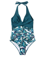 1 x RAW Customer Returns RXRXCOCO Swimsuit Women Tummy Control Push Up Shape Swimwear Halterneck Swimsuit Backless Blue Floral Size XL - RRP €40.33