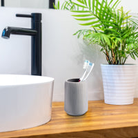 1 x RAW Customer Returns KADAX Bathroom Accessories, Ceramic Bathroom Set, Bathroom Tumbler, Soap Dispenser, Toilet Brush, Bathroom Accessories Set, Bathroom Equipment Set Grey, 2  - RRP €20.16