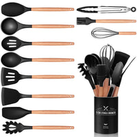 1 x RAW Customer Returns 12 Piece Kitchen Utensil Set, Silicone Kitchen Utensils Set, Non-Stick Heat Resistant Wooden Handle Cooking Cutlery with Utensil Holder, Silicone Spatula Cookware Set, Dishwasher Safe Black  - RRP €20.16