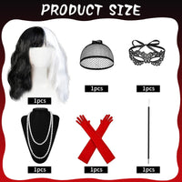 1 x RAW Customer Returns HIQE-FL Cruella costume for women, Halloween costume for women, 70s accessories, short black and white wig with women s lace mask, gloves necklace set, for carnival, fancy dress, theme party - RRP €20.78