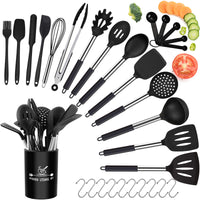 2 x RAW Customer Returns Kitchen utensil set, kitchen appliance 30 pieces silicone cookware set, non-stick heat-resistant silicone spatula set, kitchen utensils with stainless steel handle -10 S-hooks, black - RRP €70.54