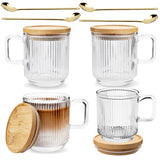 2 x RAW Customer Returns DM DESIGN MASTER 4-piece, 350ml - Premium glass coffee cups with lid and spoon, classic vertical stripes coffee cup, glass mug for hot cold drinks.  - RRP €35.98