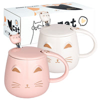 1 x RAW Customer Returns 2 Pack Cute Cat Mugs Cat Coffee Cup Set with Lid and Lovely Kitty Spoon Novelty Mug Set for Cat Lovers Girls Women Christmas Birthday Gift 450ML White and Pink - RRP €20.16