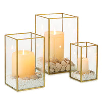 1 x RAW Customer Returns NUPTIO Hurricane Glass Candle Holders - 3 Pieces Gold Lantern Tempered Glass Fireplace Candle Set Outdoor Square Decorative Wedding Christmas Halloween Ornaments Living Room Fireplace Table - RRP €44.8