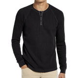 1 x Brand New SwissWell Men s Henley Shirts Long Sleeve Button Down Casual Cotton Waffle Knit T-Shirt Grandad Neck Black M - RRP €35.99