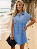 1 x RAW Customer Returns Zilcremo denim dress women summer short sleeve button down short denim dress blouse dress shirt dress summer dress blue XXL - RRP €38.99