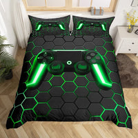 1 x RAW Customer Returns Geometric Gamer Duvet Cover Set Neon Light Geometric Comforter Cover Honeycomb Gamepad Gaming Bedding Sets for Kids Teen Boys Beehive Hexagon Duvet Cover 2 Pieces 135x200 Grey Green - RRP €30.24