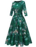 1 x RAW Customer Returns DRESSTELLS women s elegant cocktail dress long sleeve festive party dress mother of the bride dress vintage retro dress round neck 3 4 sleeve cocktail dress with belt Green Flower M - RRP €36.99