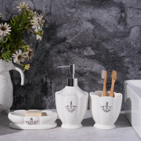 8 x Brand New Bathroom Set -3 parts - Bathroom Organizer with soap dispenser, soap tray, and toothbrush cup, noble bathroom decoration with transparent glazed silver flower appearance - RRP €163.2