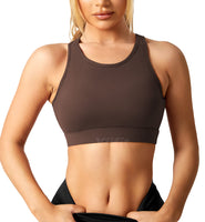 4 x Brand New Yiifit Sports Bra Women Crossback Sports Bra Ribbed Padded Sports Top Seamless Without Wire Backless with Removable Cups for Yoga Gym Fitness Brown X-Large - RRP €72.28