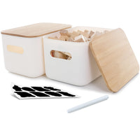 1 x RAW Customer Returns Kerhouze 2 Pack Storage Box with Lid Bamboo for Bathroom, Plastic Storage Basket, Stackable Small Storage Container with Handles for Kitchen Bedroom 26 17.8 15.5cm, 6.5L White  - RRP €26.81