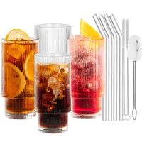 1 x RAW Customer Returns BIKALAN cocktail glasses set of 4, drinking glasses set, beer glass, long drink glass, juice glasses, iced coffee glasses, water glasses set with 4 straws, 3 cleaning brushes, drinking for family, camping, party, bar - RRP €19.15