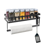 1 x Brand New Roselee Spice Rack Wall No Drilling Spice Rack Made of Metal with Kitchen Roll Holder and 4 Removable Hooks Kitchen Shelf Hanging Spice Rack for Gluing or Drilling for Kitchen Bathroom Cupboard Door Black 35cm - RRP €33.99