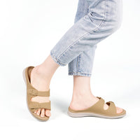 1 x RAW Customer Returns Hsyooes Mules Women s Sandals Slippers Adjustable Strap Bath Slippers Non-Slip Beach Sandals Summer Open Slide Sandals Flat A-Khaki CN40 EU39 - RRP €33.52