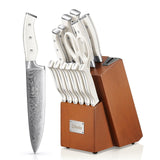 1 x RAW Customer Returns D.Perlla knife block, 14-piece self-sharpening knife block with knife, sharp stainless steel knife set with plastic handle and wooden block, professional kitchen knife set, white - RRP €83.78