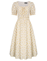 1 x Brand New SCARLET DARKNESS Victorian Floral Dress Short Sleeve A-line Renaissance Midi Dresses, Yellow with Yellow Flowers, XXL - RRP €38.44