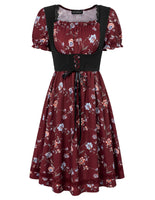 3 x Brand New SCARLET DARKNESS Gothic Floral Dress Women Short Sleeve Square Neck Ruffle Rockabilly Dress with Belt Red Wine with Flowers L - RRP €76.83