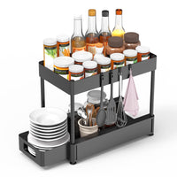 3 x Brand New FINEW 2 Tier Under Sink Shelf, Kitchen Organizer, Kitchen Shelf, Multifunctional Kitchen Shelf, Under Cabinet Shelf with Sliding Drawer and Hooks, Spice Rack Black - RRP €81.66