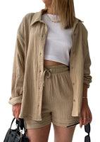 1 x RAW Customer Returns KOOSUFA women s two-piece summer long-sleeved shirt blouse short pants set pleated cotton 2-piece leisure suit short plain outfit set with button placket and breast pocket khaki L - RRP €38.3