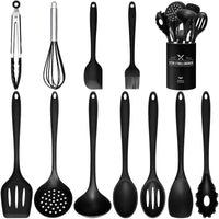 1 x RAW Customer Returns Kitchen Utensil Set, 12 Pieces Black Silicone Cooking Utensils Cooking Cutlery Set with Utensil Holder, Non-Stick Heat Resistant Cookware Kitchen Utensil Set, Healthy Dishwasher Safe - RRP €19.99