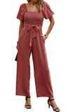 1 x RAW Customer Returns Toplop Jumpsuit Women Elegant Summer Pantsuit with Square Neckline and Belt Short Sleeve Puff Sleeves Wide Leg 362 Brick Red X-Large - RRP €58.68