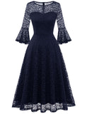 1 x Brand New DRESSTELLS women s cocktail dress 3 4 sleeve round neck knee-length evening dress party midi ball gown lace dress confirmation dresses navy S - RRP €44.36