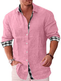 1 x Brand New Elainone Men s Shirt Long Sleeve Loose Fit Casual Shirt with Checked Autumn Cotton Linen Shirts with Pocket, Pink 3XL - RRP €20.76