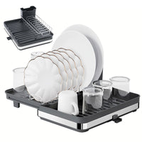 1 x RAW Customer Returns Forroby Kitchen Sink Sink Organizer, Dish Drainer Stainless Steel with Removable Utensil Holder and Automatic Drain Spout, Extendable Dish Drainer Black  - RRP €15.72