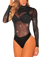 1 x RAW Customer Returns SEBOWEL Women s Sexy Sheer Mesh Bodysuit Rhinestone Transparent Long Sleeve Leotard Jumpsuit Tops Bodycon Blouse T-Shirt XL, Black  - RRP €28.22